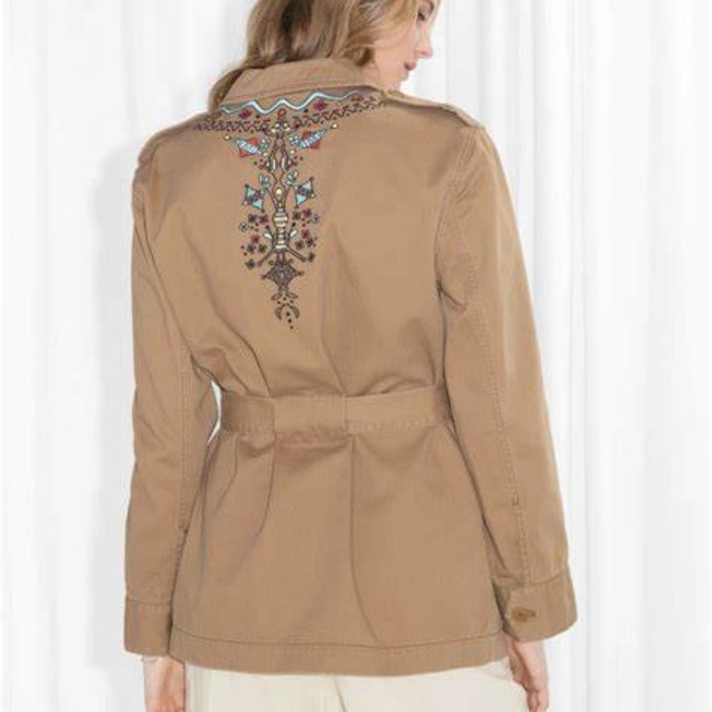 Toms x & Other Stories Embroidered Military Jacket Trench Coat Tan Size 6